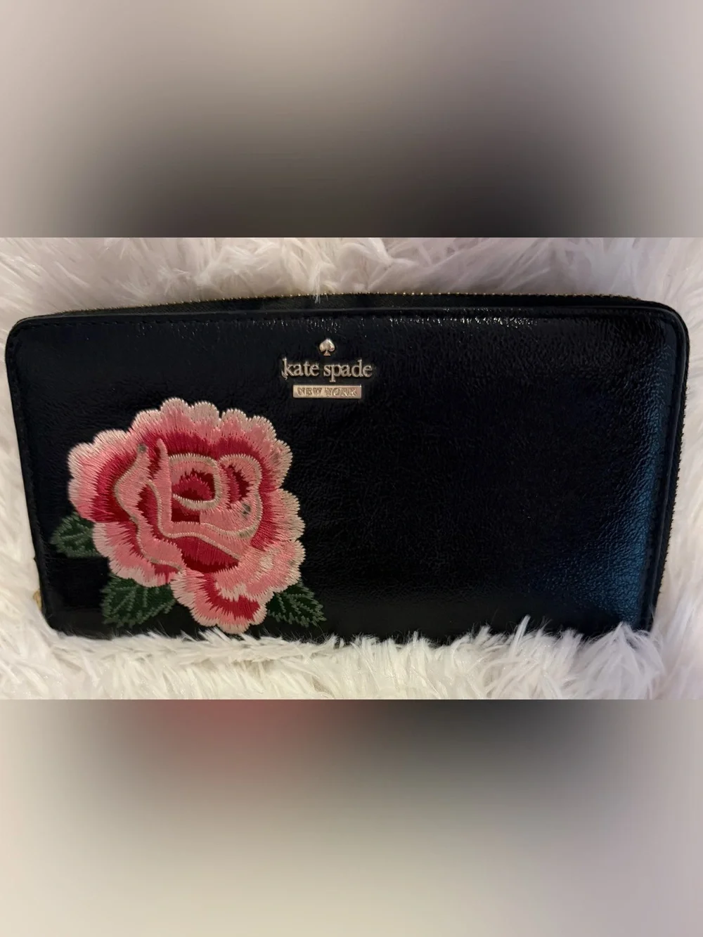 Black Kate Spade Embroidered Rose  Rosetta Wallet - Continental Large Zip Wallet